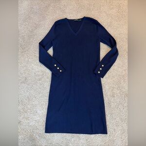 Lauren Ralph Lauren Navy Blue Sweater Ribbed Knit Midi Dress Size XL Gold